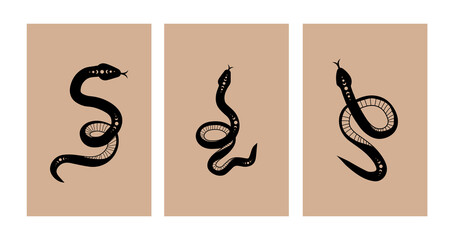 Wall Mural - Magic snake in boho style with moon. Collection of mystical symbol in a trendy minimalist style. Esoteric vector illustration.