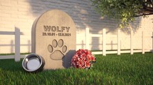 Pet Grave In The Garden. Gravestone With The Dog's Name.