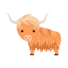 Cute Yak In Cartoon Style On A White Background.
