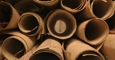 Poster - Scrolls with futhpak symbols stacked on pile. Ancient scribe library.