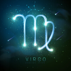 modern magic witchcraft card with astrology glittering golden virgo zodiac sign on outer space backg