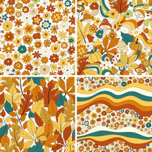 70s Groovy Hippie Retro Seamless Pattern Set. Vintage Floral Vector Pattern Collection. Wavy Floral Background With Rainbow, Leaves, Mushroom,pumpkin,flowers. Doodle Hippie Print For Wallpaper, Fabric