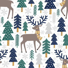 Seamless vector pattern with cute deer, woods and snowflakes on white background. Scandinavian Christmas illustration. Perfect for textile, wallpaper or print design. 