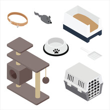 Pet Accessories Food Bowl, Collar, Pet Carrier, Cat Tree House With Scratching Post, Toy And Litter Box Vector Icon Set Isometric View.