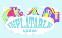 Vector Illustration Of Inflatable Slides Isolated On Blue Background.
