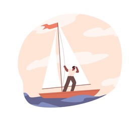 Hope for success in future concept. Bold person travel in sailboat, looking, searching and exploring career directions. Man with aspirations and goals. Flat vector illustration isolated on white