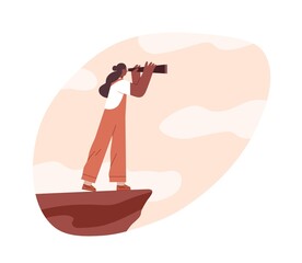 Aufkleber - Person looking forward in future challenges through spyglass. Strategy and vision concept. Woman searching for new ideas and opportunities. Flat vector illustration isolated on white background