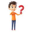 Character cartoon boy in an orange sweatshirt holding a big question mark on a white isolated background. 3d render illustration.