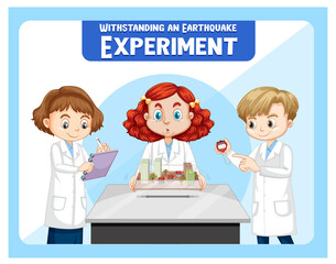 Poster - Withstanding earthquake experiment with scientist kids cartoon character