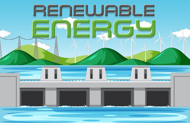 Poster - Hydro Power Plants generate electricity with renewal banner