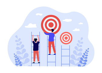 Wall Mural - people climbing on success ladder to goal target. leader man reaching target flat vector illustratio