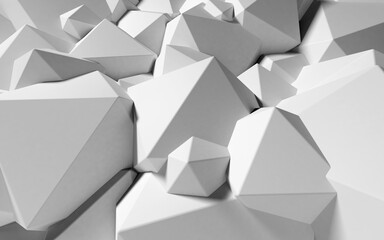 Poster - Abstract background with white 3D shapes flying in the light as a messy array or chaotic structure for any pastel backdrop. 3D illustration
