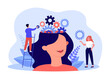 Team of tiny people working on balance of gears in female head. Man starting cognitive machine flat vector illustration. Training, self education concept for banner, website design or landing web page
