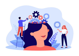 Wall Mural - Team of tiny people working on balance of gears in female head. Man starting cognitive machine flat vector illustration. Training, self education concept for banner, website design or landing web page