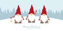 Christmas Greeting Card With Cute Christmas Dwarf And Snowy Landscape