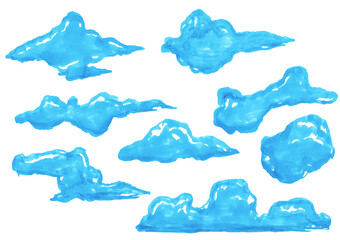 Wall Mural - Set of cartoon sketches blue clouds isolated on white background. Collection illustrations drawn by markers. Design colorful elements.
