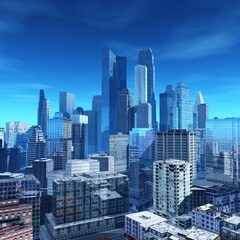  Beautiful modern city with skyscrapers, skyscrapers and blue sky, 3d rendering