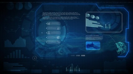 Fototapete - Trend analysis presentation with bar charts and data on a blue screen in HUD style. 4k resolution animation