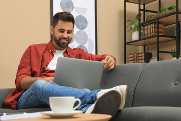 Wall Mural - Man using laptop for online shopping at home