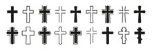 Christian Cross Vector Icon Set. Art Various Black Christian Cross. Religion Symbols Isolated On White Background. Vector Illustration.
