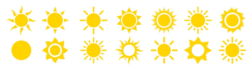 Poster - sun sunshine set vector icons. flat modern shining symbols collection. shine sun ray logo or sing. s