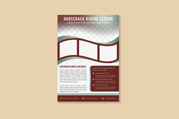 Wall Mural - horseback riding lesson flyer design template.  sport or education  poster design with photo space. vertical print-ready. Combination transparency of retro red and green element and grey background
