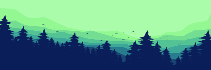 morning forest mountain flat design vector illustration for poster template, web banner, blog banner, website background, tourism promo poster, adventure design backdrop and poster design template	