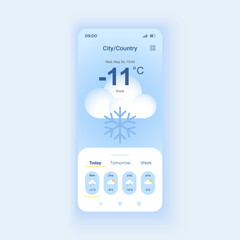 Wall Mural - Snowy weather forecast daytime mode smartphone interface vector template. Temperature overcast. Mobile app page design layout. Climate overcast screen. Flat UI for application. Phone display