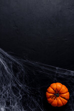 Halloween Pumpkins On Black Background With Spooky Spider And Web.