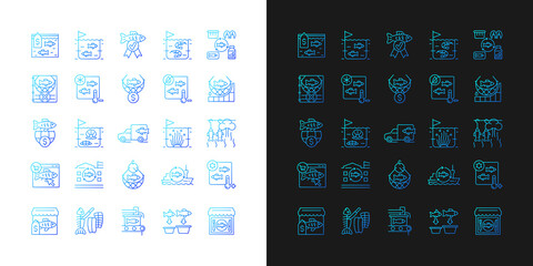 Sticker - Fishing industry gradient icons set for dark and light mode. Catching and preparing seafood. Thin line contour symbols bundle. Isolated vector outline illustrations collection on black and white