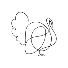 Turkey In Continuous Line Art Drawing Style. Turkey Bird Strutting Minimalist Black Linear Design Isolated On White Background. Vector Illustration