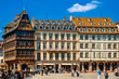 Nice view of a row of buildings on the Place de la Cathédrale in Strasbourg including the famous Kammerzell House, one of the most ornate and well preserved medieval house in late Gothic architecture.