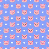 Fototapeta Pokój dzieciecy - Seamless pattern with cute cartoon pigs and hearts isolated on blue background