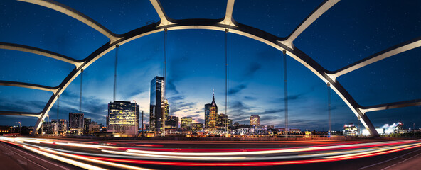 Wall Mural - nashville skyline during blue hour with river front