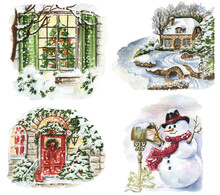 Watercolor Winter Scene Clipart. Christmas Season Illustrations. Winter Landscape Background. Snowman, Christmas Window, Door, Winter Cottage Art.