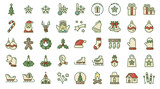 Fototapeta Londyn - Winter Christmas outline coloured icon set on transparent background. Santa Claus, Christmas decorations, sale, tree, snowflakes, Christmas theme, church, presents, angel, gloves, socks