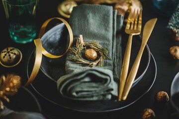 Wall Mural - Christmas table setting in dark