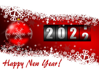 Poster - Happy New Year 2022 greeting card illustration with christmas ball and counter on red background, winter concept design with snowflakes