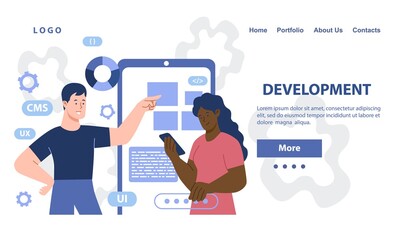 Poster - Male and female designers working on ui ux design or mobile application. Concept of studio or agency coding mobile app. Website, web page, landing page template. Flat cartoon vector illustration