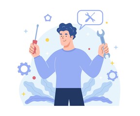 Poster - smiling male character is holding wrench, screwdriver and gear wheel. concept of technical service, 