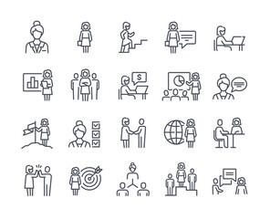Poster - Set of businesswoman related linear icons on white background. Templates of handshake, meeting, female leader and other elements. Flat cartoon vector illustration