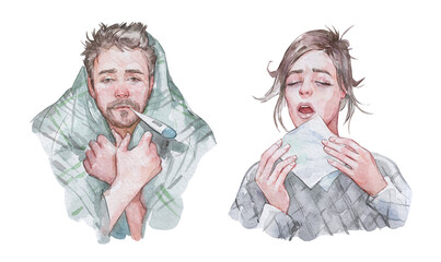 man with thermometer in his mouth and woman sneezing