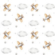 Seamless pattern with clouds and planes; watercolor hand drawn illustration; with white isolated background