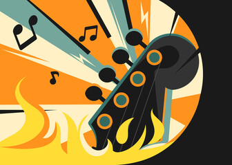 Canvas Print - Rock music banner with guitar on fire. Placard design in flat style.