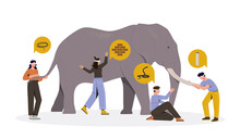 Four Blindfolded Male And Female Characters Touching An Elephant On White Background. People With Different Perceptions, Impressions And Opinions Towards An Elephant. Flat Cartoon Vector Illustration