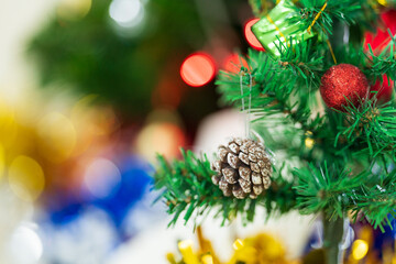  Decorated Christmas tree with blurred bokeh light background. Christmas and New Year concept