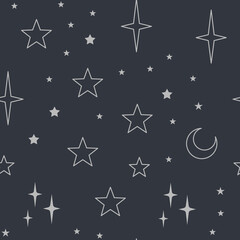 Wall Mural - Sky seamless pattern with Mystical and Astrology elements, Space objects, planet, constellation, moon, stars, sun. Astronomy themed background texture. Starry motive.