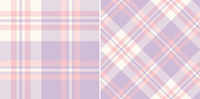 Plaid Pattern In Pastel Lilac Purple, Pink, White For Scarf, Blanket, Duvet Cover, Throw, Poncho. Seamless Herringbone Textured Modern Tartan Check Design For Spring Summer Fashion Textile Print.