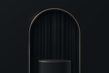 Black, Gold Realistic Cylinder Pedestal Podium With Curtain In Arch Shape Window. Vector Abstract Studio Room With 3D Geometric Platform. Luxury Black Friday Sale Minimal Scene For Products Display.