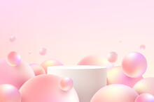 White And Pink Realistic Cylinder Pedestal Podium With Flying Sphere Ball Or Pink Bubble. Vector Abstract Studio Room With 3D Geometric Platform. Pastel Minimal Scene For Products Promotion Display.